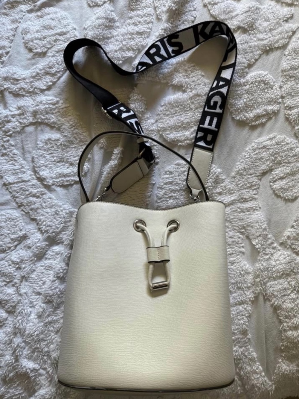Karl Lagerfield White Leather Bucket Bag with Black-and-White Logo Strap